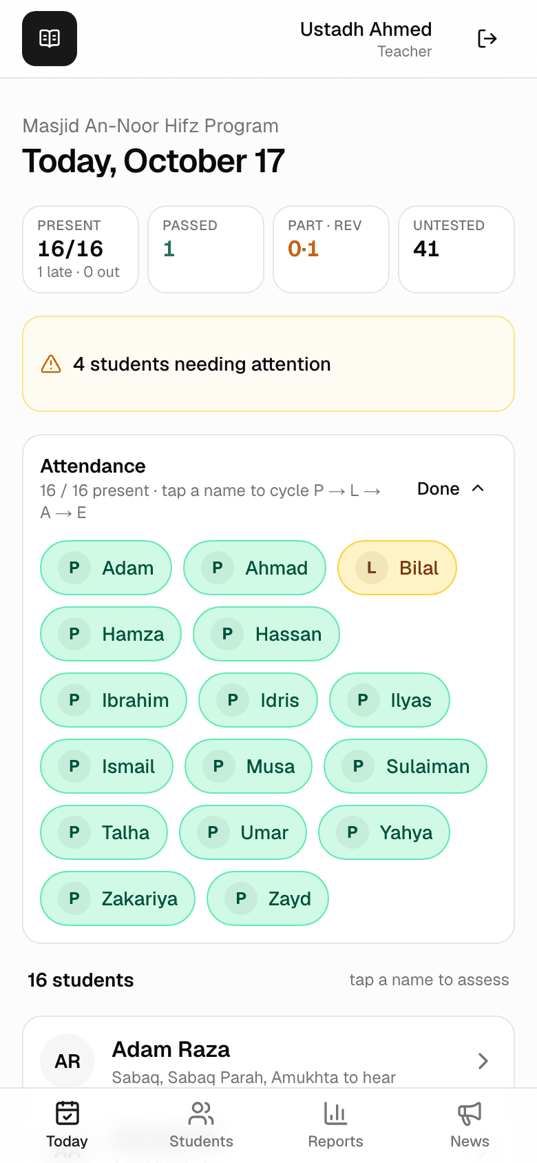 The class roll: one row per student showing which lessons are still to hear