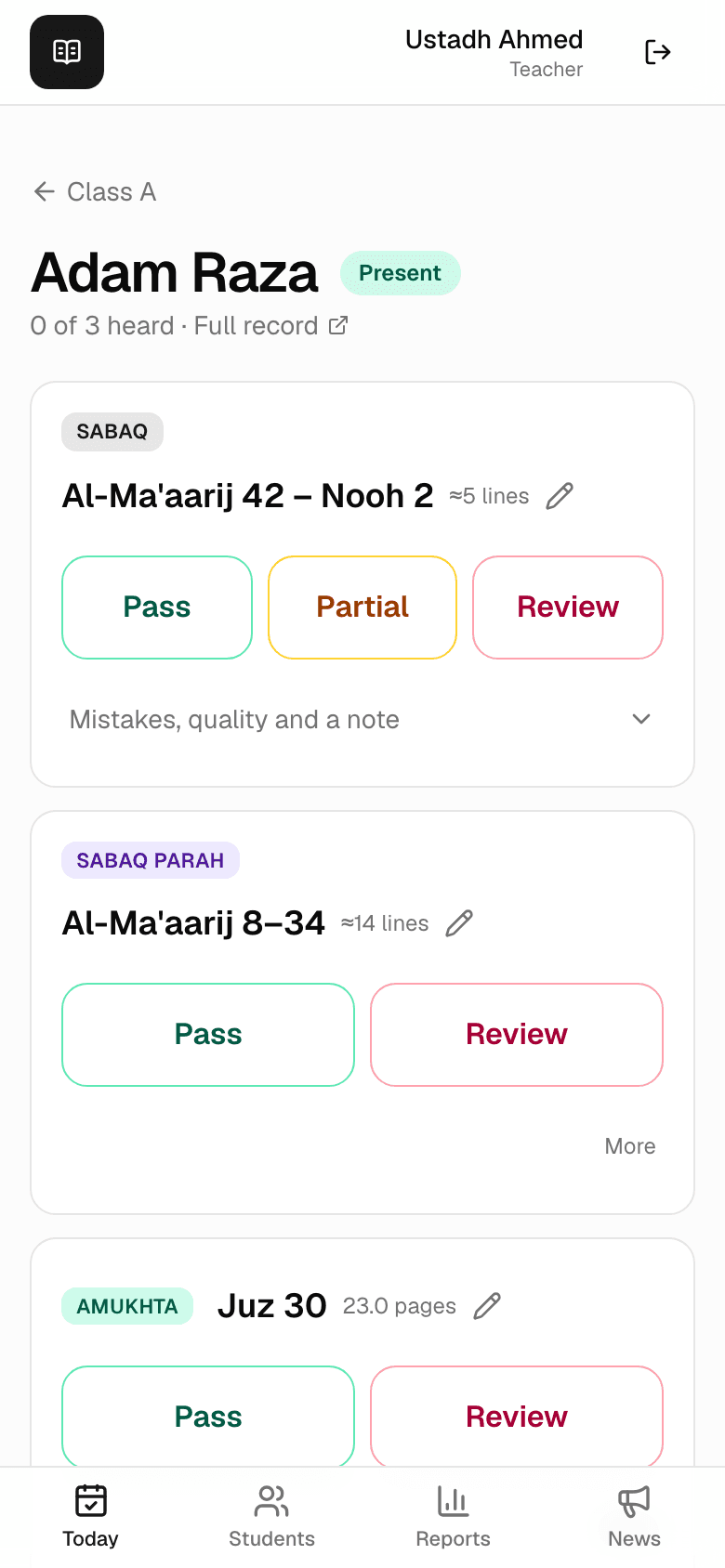 A student's assessment page with Sabaq, Sabaq Parah and Amukhta lesson cards