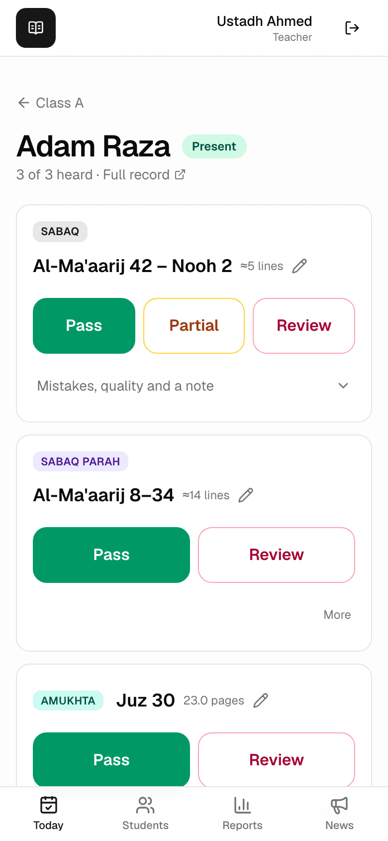 The assessment page with all three lessons recorded as passed