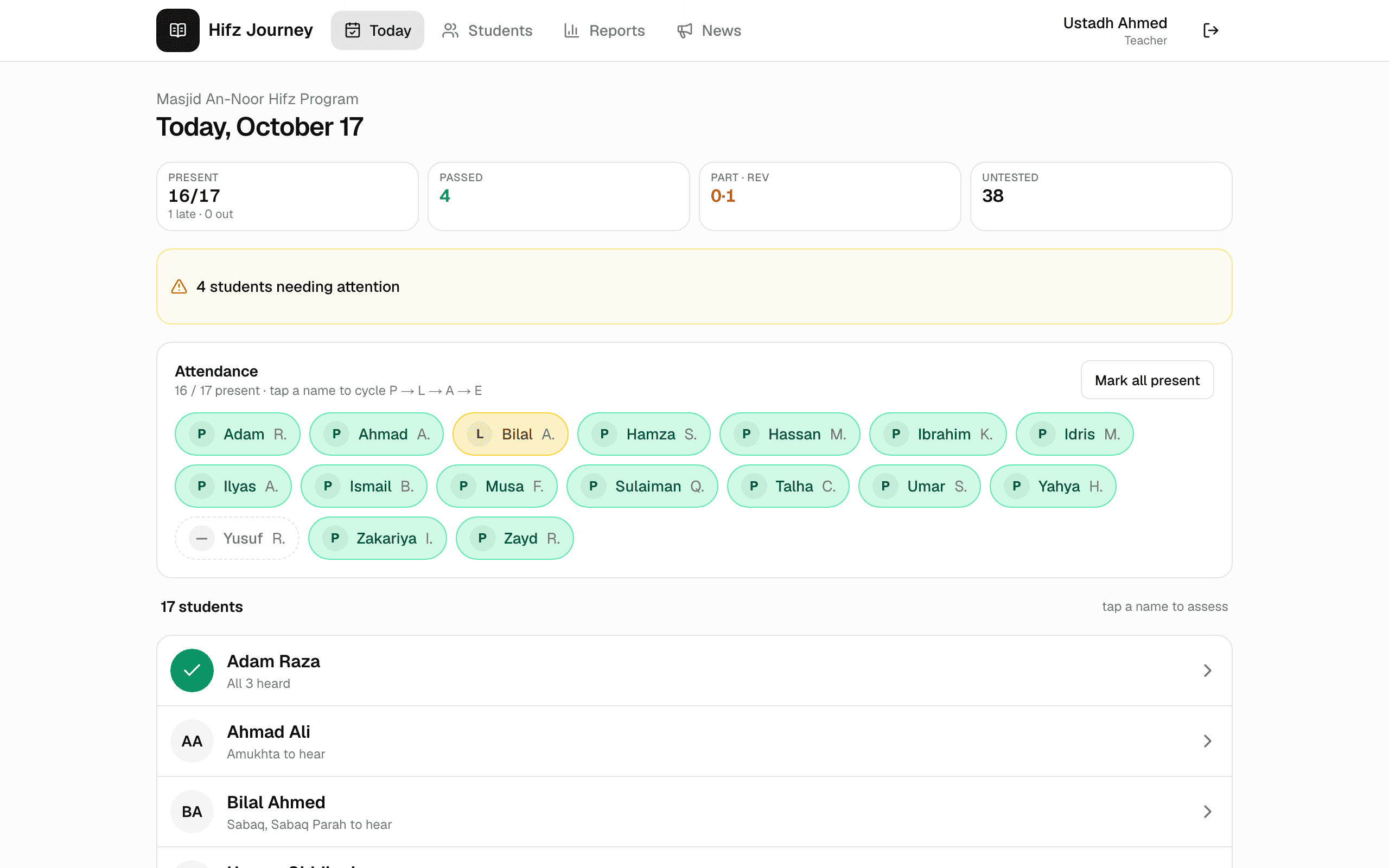 The Today board on a desktop browser: summary cards, attendance chips and the class roll