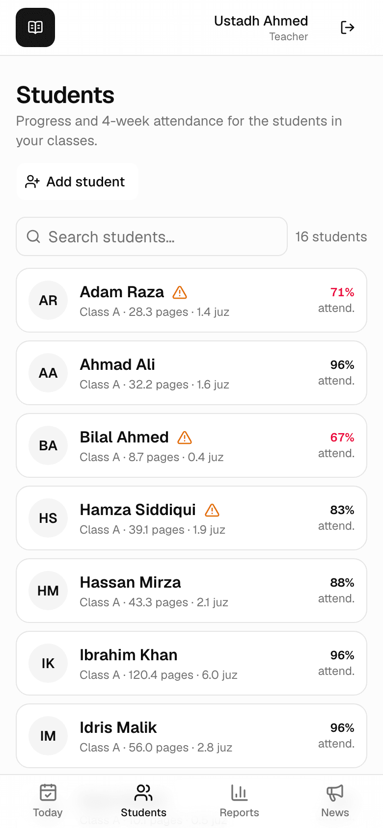 The Students tab listing a class roster, with an Add student button at the top