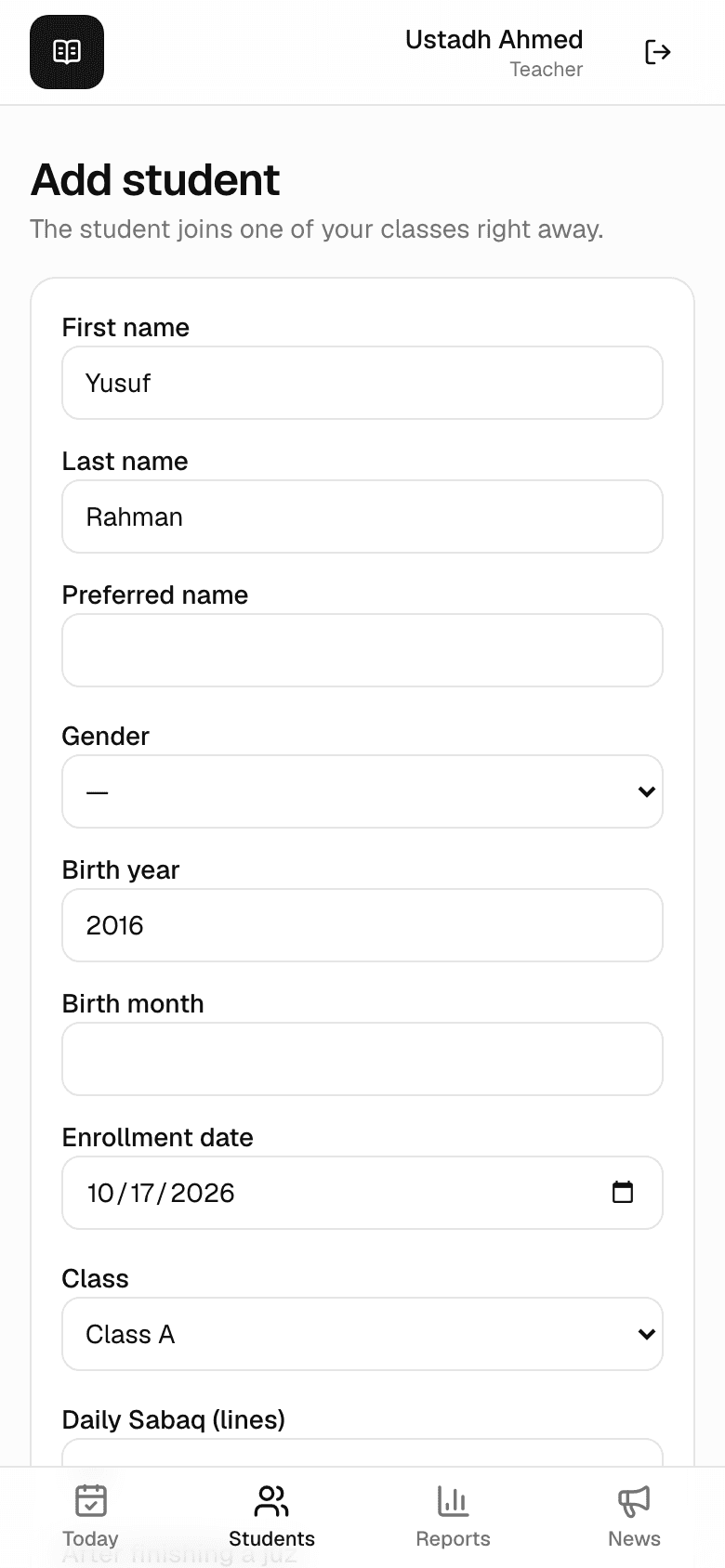 The Add student form with name, gender, birth year, enrollment date and class fields