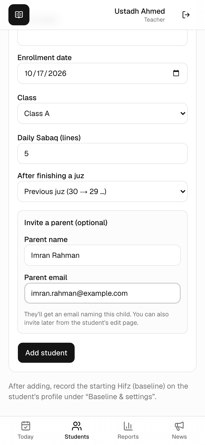 The optional parent invitation fields at the bottom of the Add student form