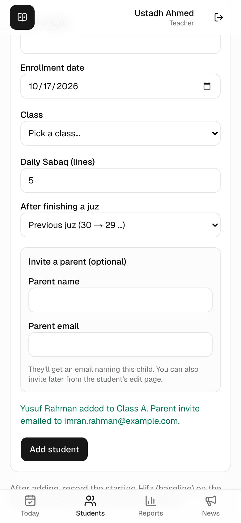 The confirmation message after adding a student: added to the class, parent invite emailed