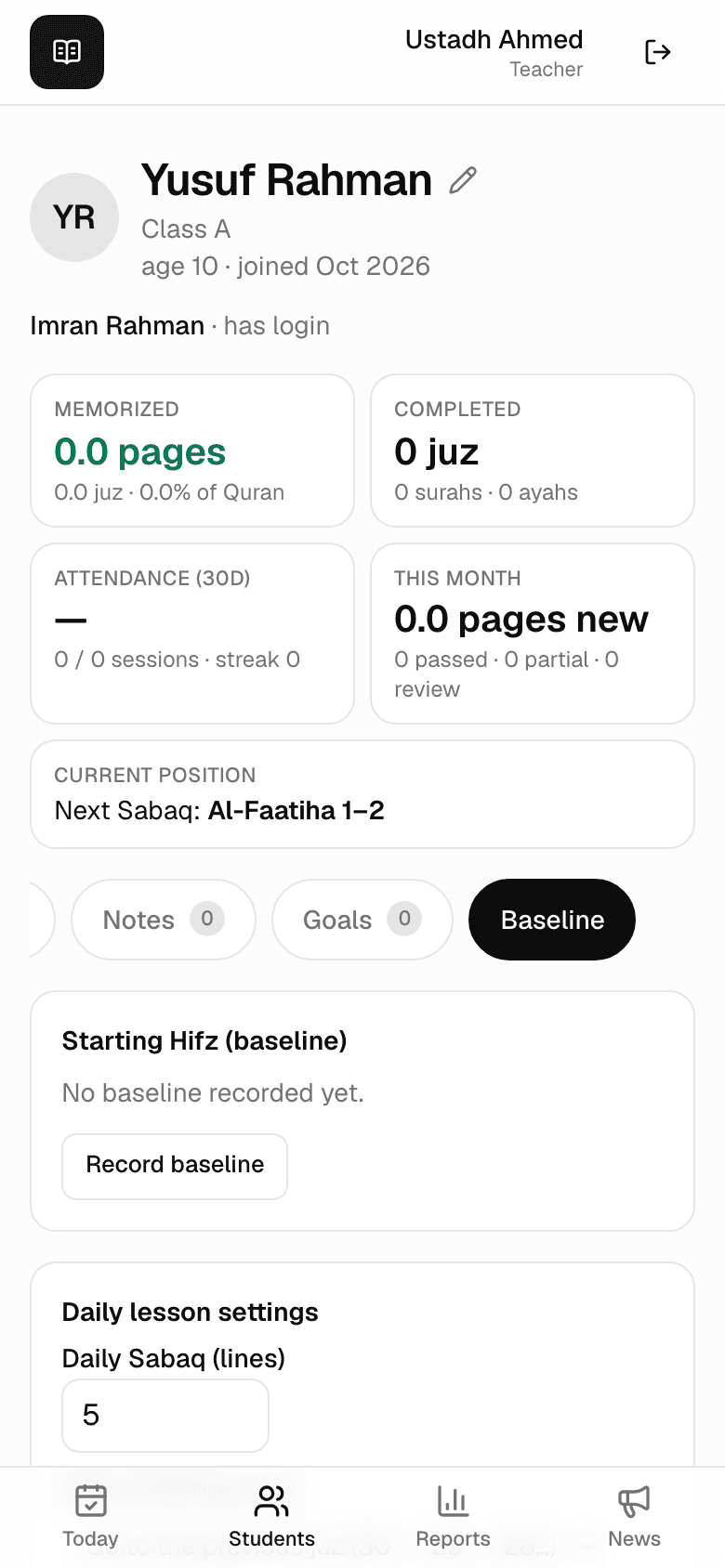 A new student's profile on the Baseline tab, showing Record baseline and daily lesson settings