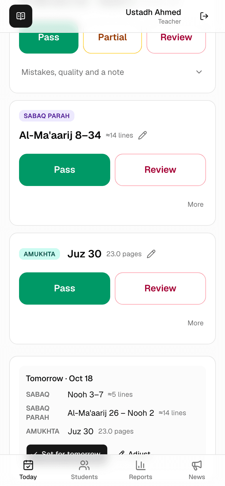 The Plan tomorrow preview showing suggested Sabaq, Sabaq Parah and Amukhta ranges for the next day