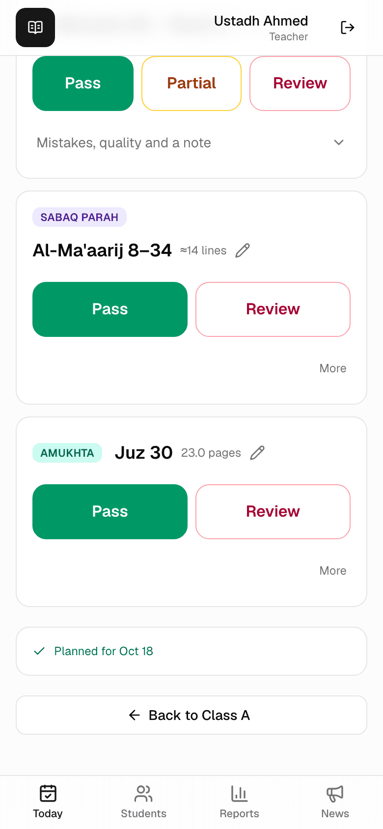 The student's page showing the plan saved for tomorrow
