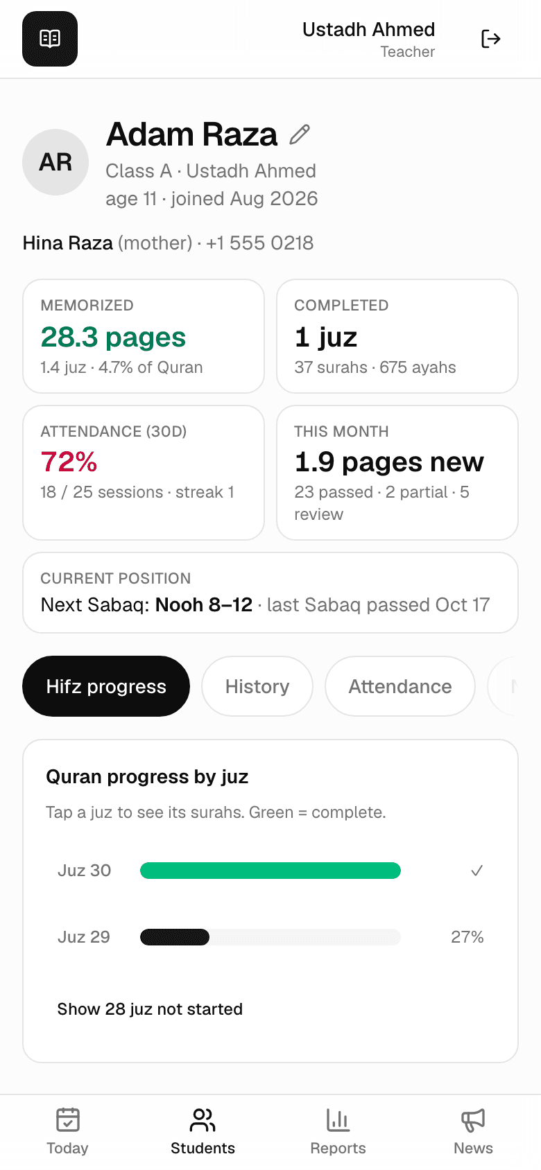A student's record: memorized pages, completed juz, attendance, and progress bars per juz
