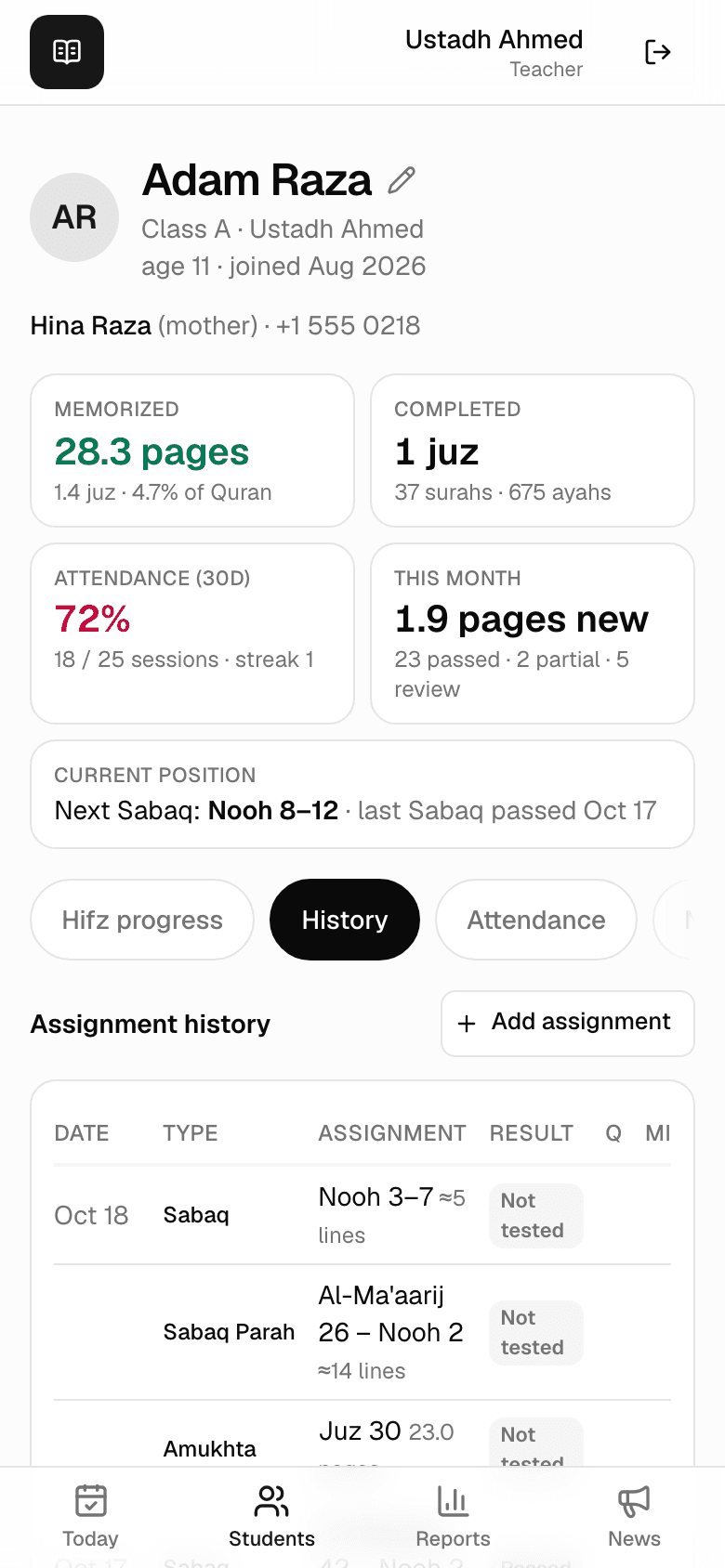 The History tab with every lesson in date order and an Add assignment button