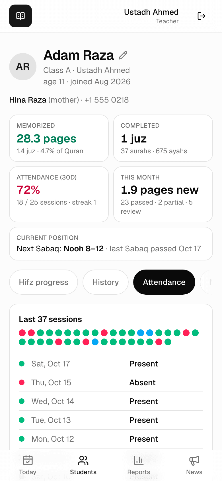 The Attendance tab with a colored dot per session and the recent sessions listed
